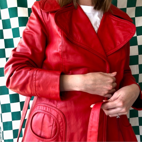1960s Red Leather Jacket with Groovy Pockets and Collar - Picture 5 of 11